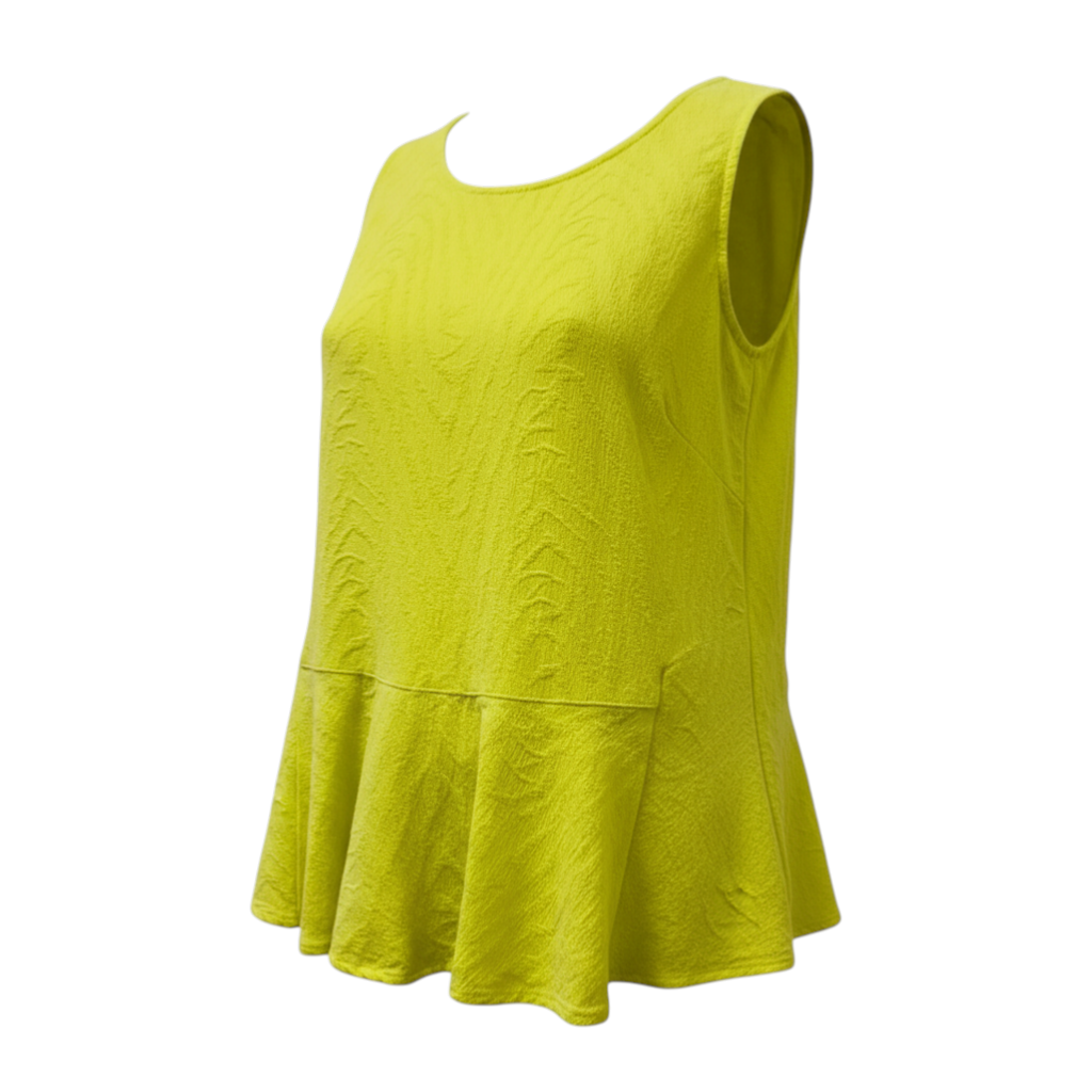 The Strawberry Shop Sprout Kleen Peplum Tank Top, a sleeveless linen-cotton blend with a textured pattern and peplum hem.
