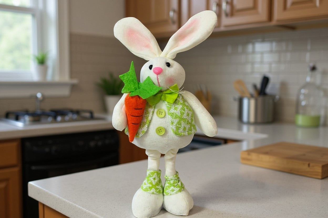 The Strawberry Shop white polyester standing bunny decor holding a carrot, wearing a green patterned vest and bow tie.