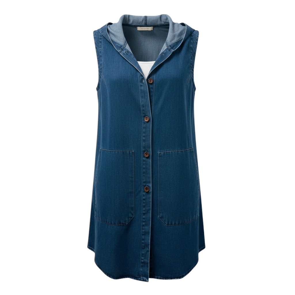 The Strawberry Shop Heartstring by Kleen Denim Hooded Vest in stone blue, 85% Tencel, 15% Cotton. Features button front and pockets.
