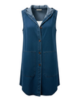 The Strawberry Shop Heartstring by Kleen Denim Hooded Vest in stone blue, 85% Tencel, 15% Cotton. Features button front and pockets.