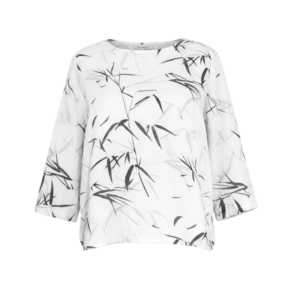 The Strawberry Shop white 3/4 sleeve top with a black bamboo print and round neck.