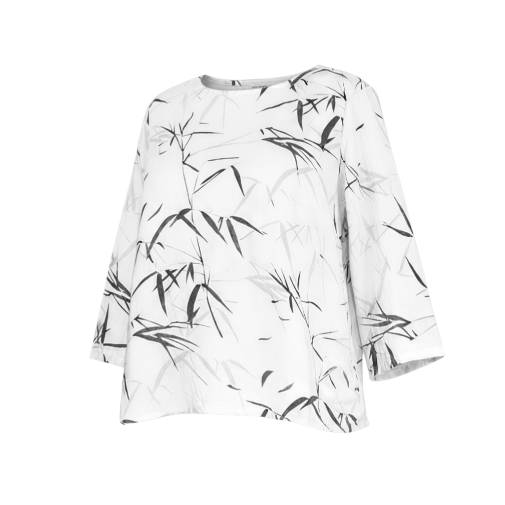 The Strawberry Shop white 3/4 sleeve top with a black bamboo print and round neck.