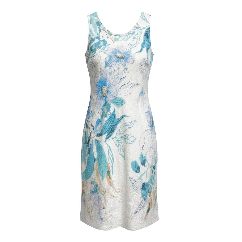 The Strawberry Shop white sleeveless dress with a blue floral print and a scalloped neckline. Lightweight fabric with a mesh hem.