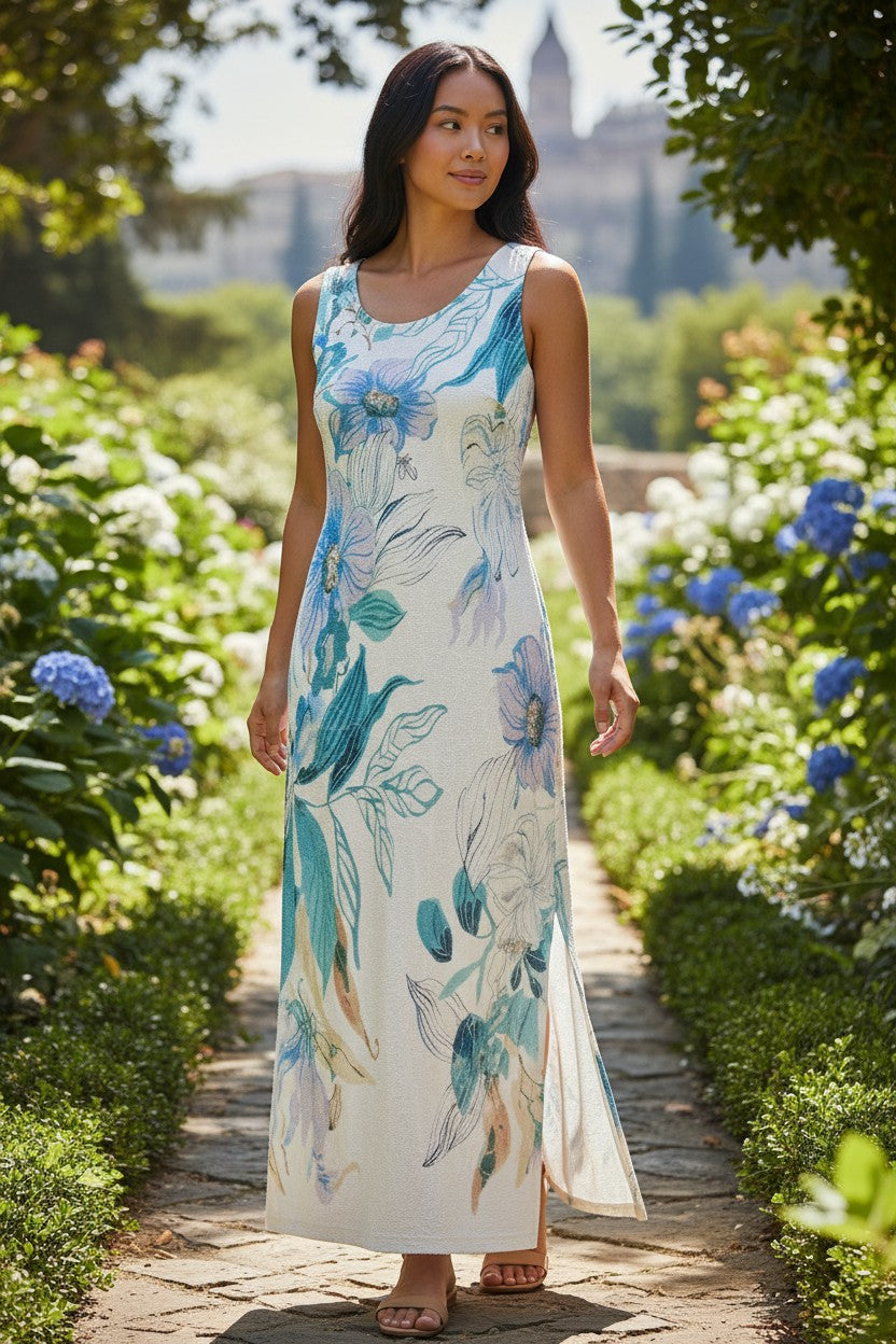 The Strawberry Shop sleeveless white dress with blue floral print and scoop neckline.