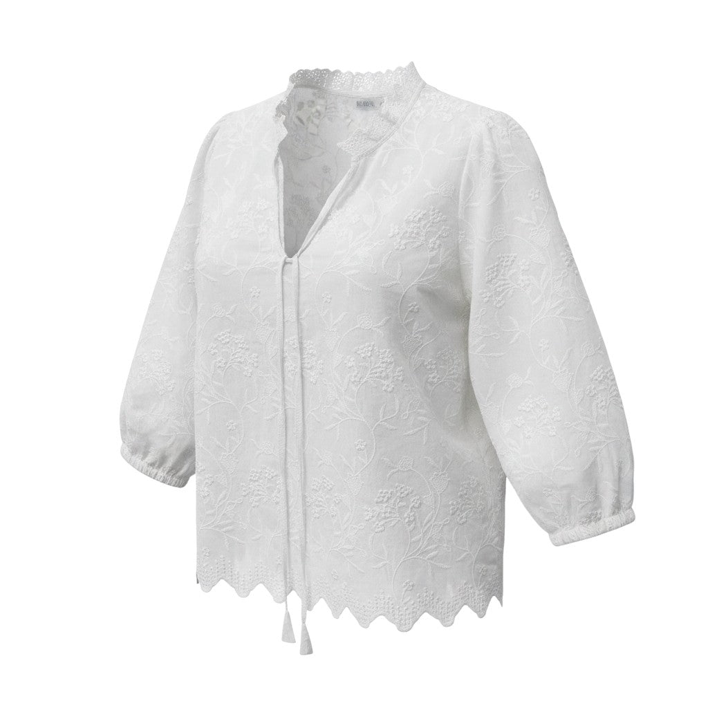 The Strawberry Shop white 100% cotton FOIL Love Weave Top with V-neck, ruffle, tie detail, and 3/4 sleeves.
