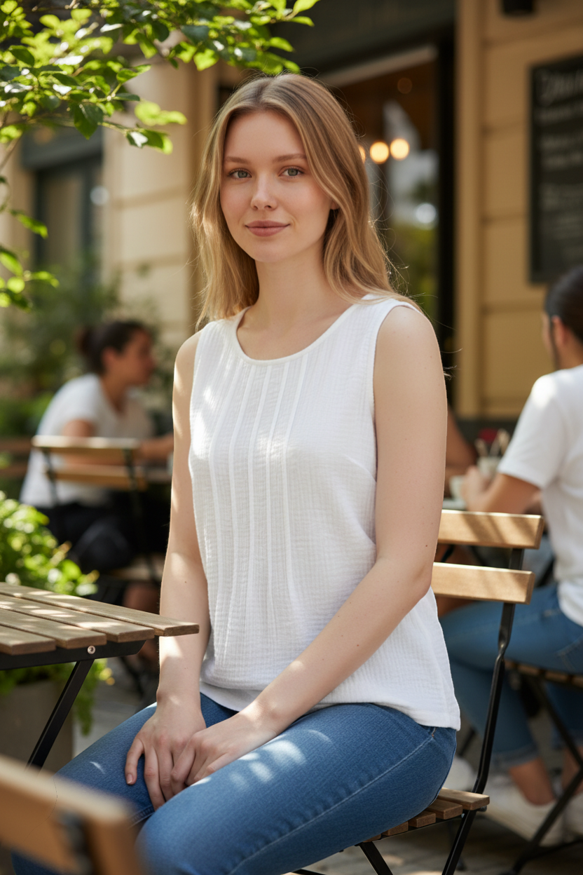 The Strawberry Shop white cotton sleeveless top with front tuck pleating detail. Machine washable.