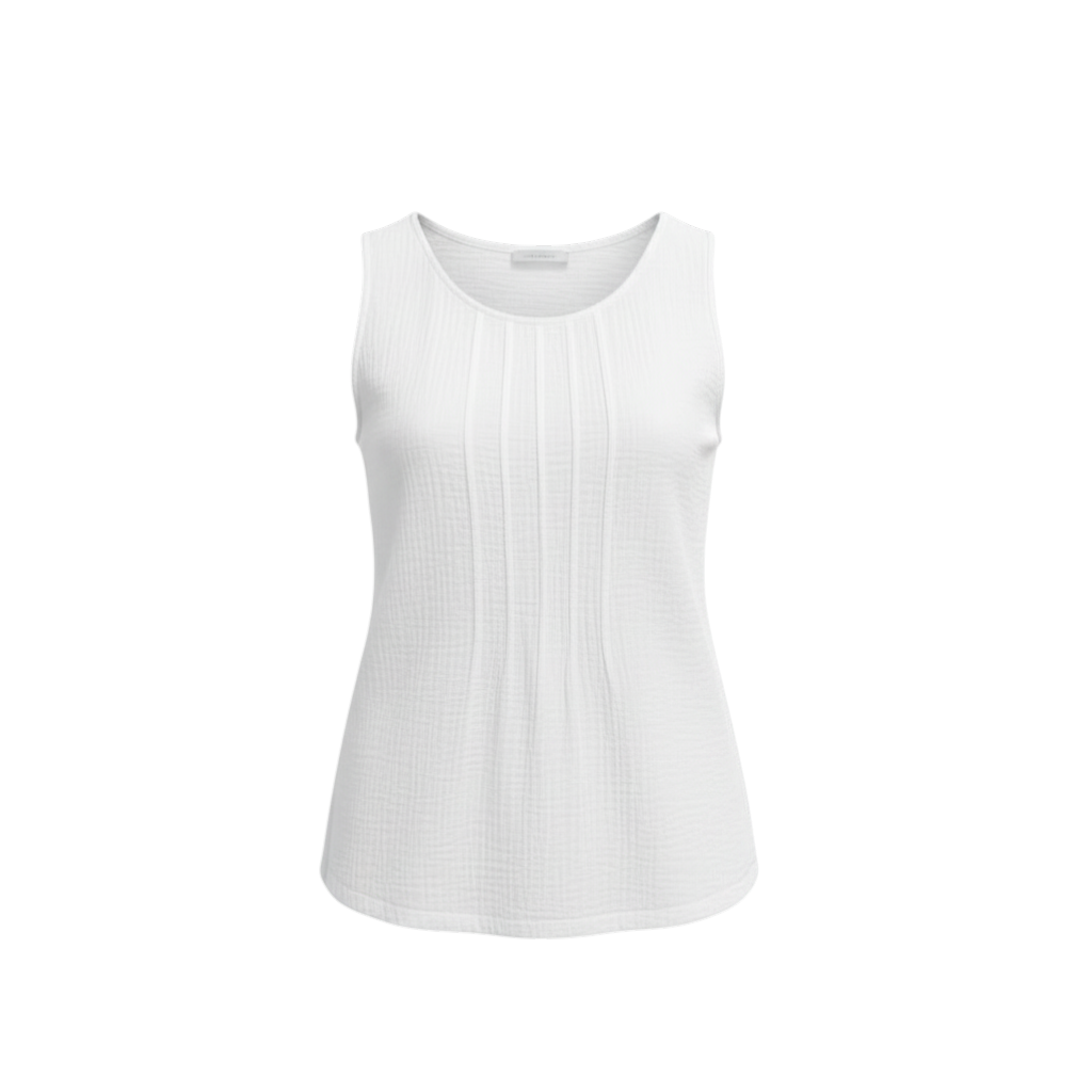 The Strawberry Shop white 100% cotton sleeveless top with front tuck pleating and a scoop neckline.