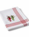 The Strawberry Shop Sinobrite Linens T880 white kitchen towel with red stripes and embroidered dancing chili peppers wearing sombreros.