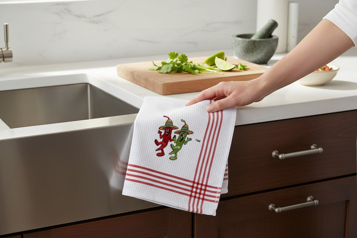 The Strawberry Shop white waffle weave kitchen towel with red stripes and embroidered dancing chili peppers wearing sombreros.