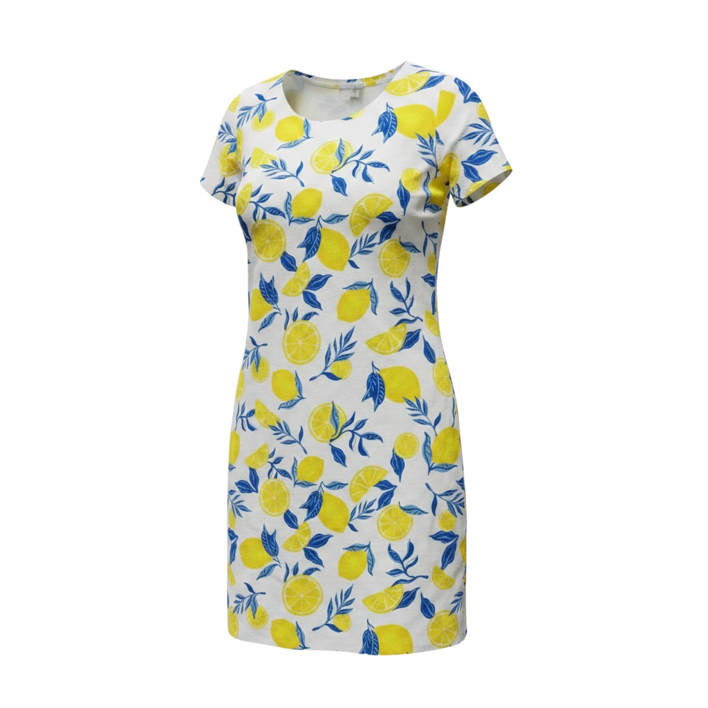 The Strawberry Shop white cotton shift dress with a yellow lemon and blue leaf print. Knee-length with cap sleeves.