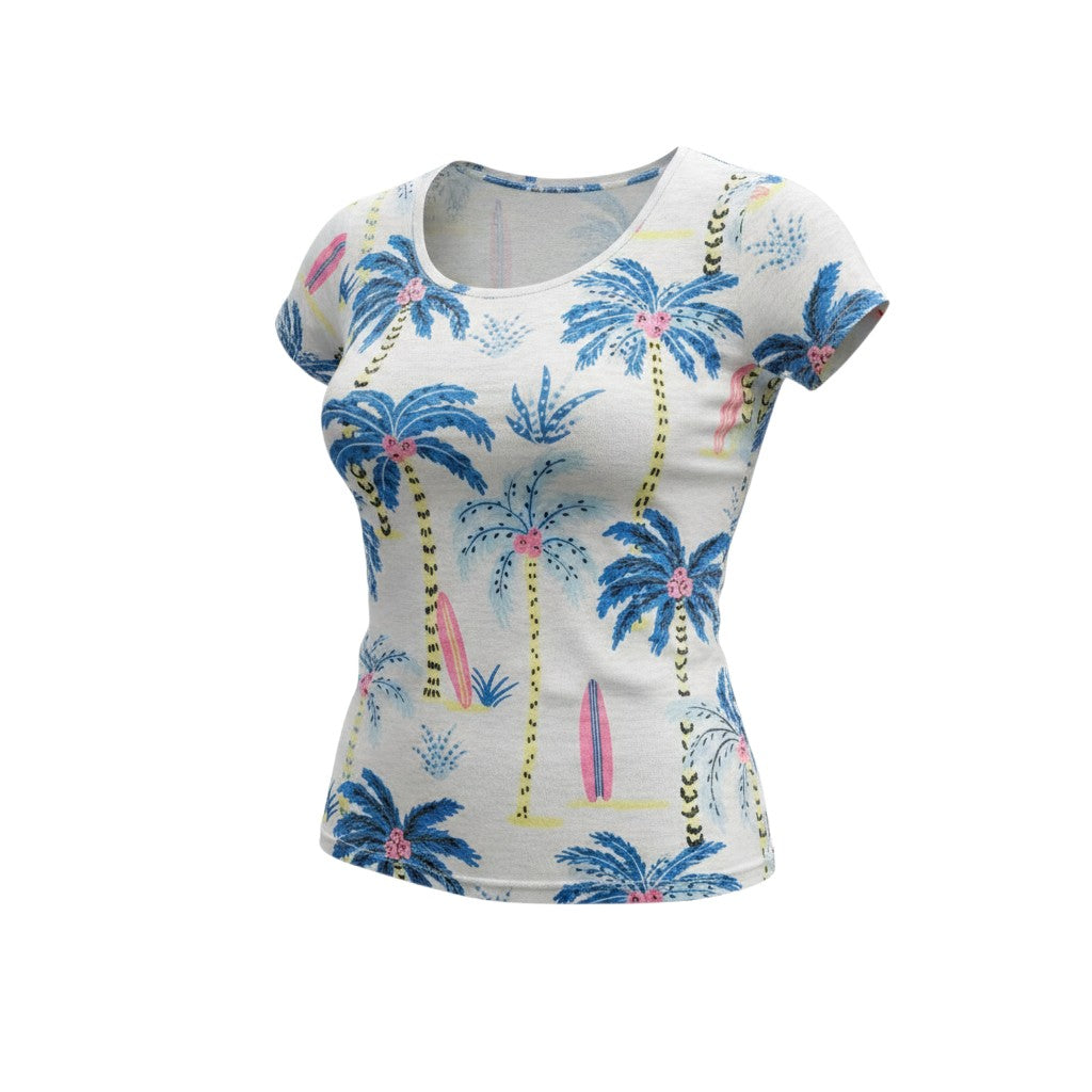 The Strawberry Shop white short sleeve top with blue palm trees and pink surfboards, polyester-viscose blend.