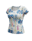 The Strawberry Shop white short sleeve top with blue palm trees and pink surfboards, polyester-viscose blend.