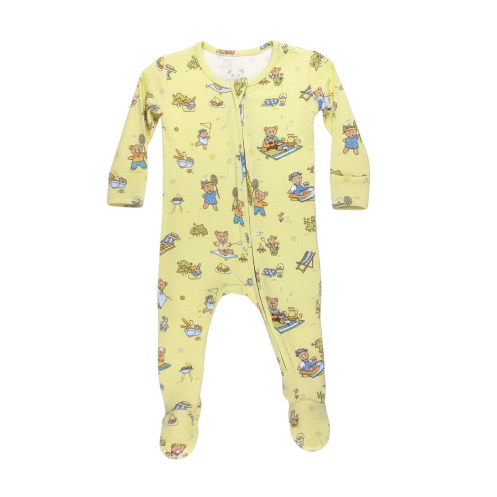 The Strawberry Shop yellow Bellabu Bear onesie with a playful teddy bear picnic print and footies.