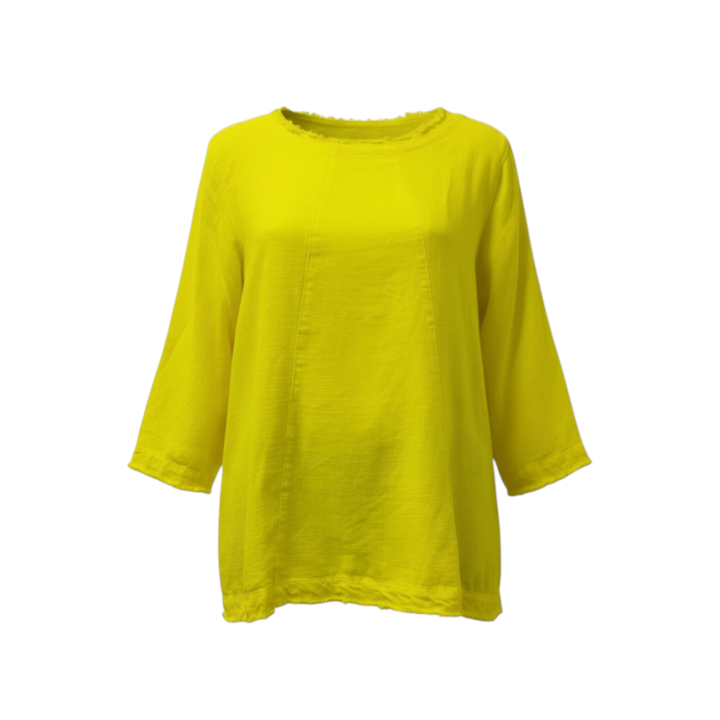 The Strawberry Shop yellow linen blend A-line top with 3/4 sleeves and raw edge hem detail.