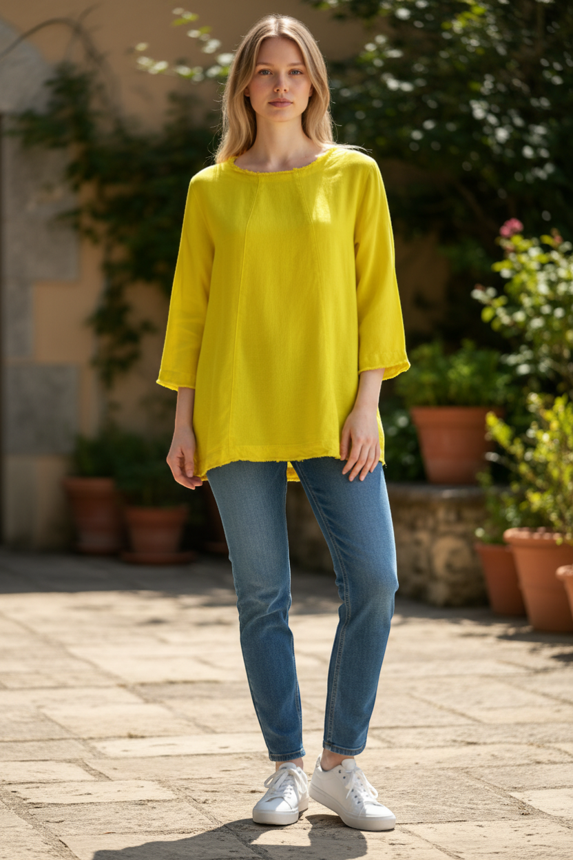 The Strawberry Shop yellow linen blend A-line top with 3/4 sleeves and raw edge hem detail.